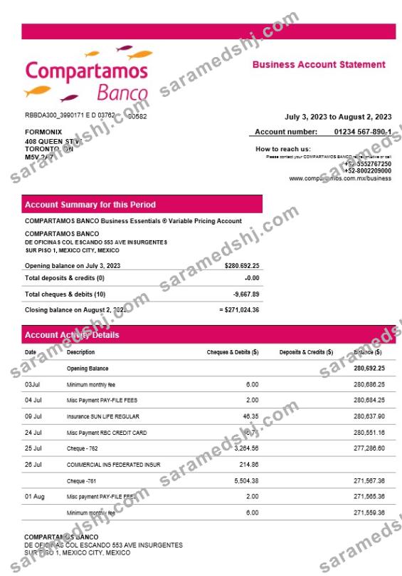 Compartamos Banco organization account statement Word and PDF template